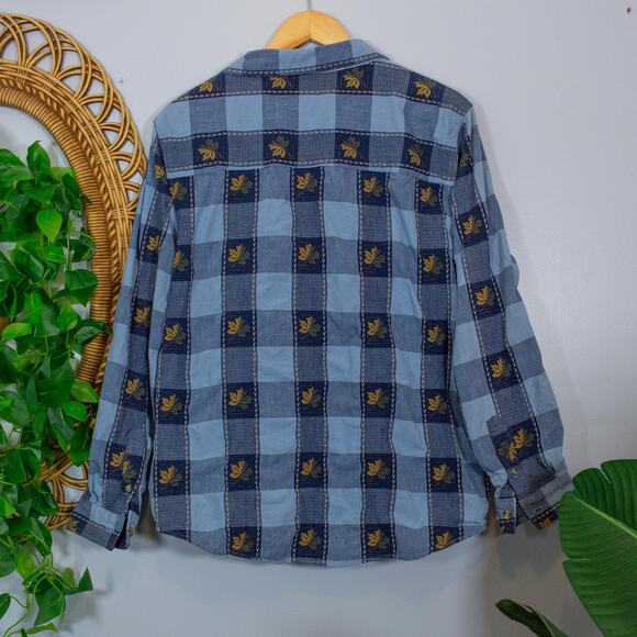 Blue Check Autumn Leaves Embroidered Shirt XL Cotton Button Down | Soft Summer - Picture 4 of 8